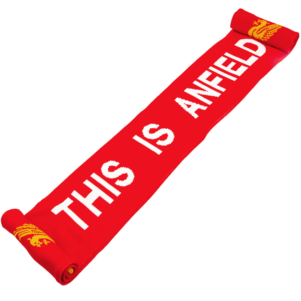 Liverpool FC red and white double sided jacquard knit scarf with This Is Anfield text and Liverbird crest