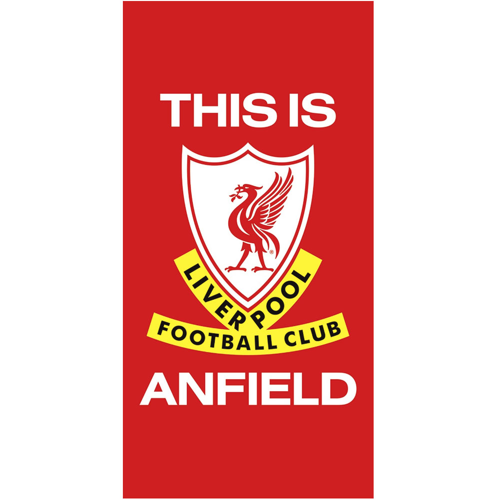 Liverpool FC cotton velour beach towel with the Retro Liverbird crest and This Is Anfield text