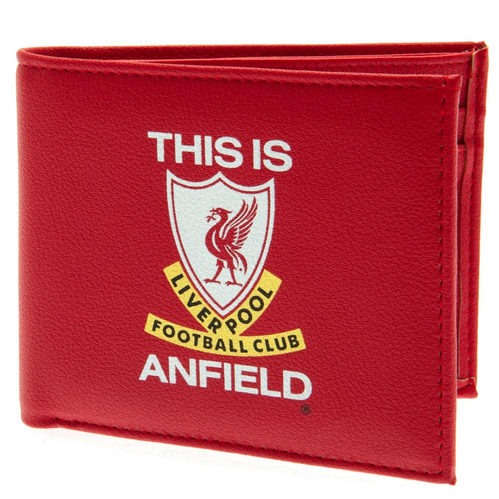 Red Liverpool FC This Is Anfield PU wallet with a large printed retro club crest