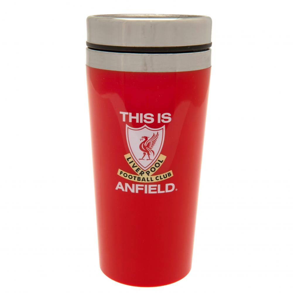 Red Liverpool FC stainless steel travel mug with an iconic LFC design and silver rim screw top lid