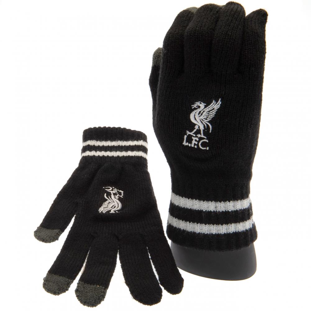 Liverpool FC youths black knitted gloves with white stripe details and an embroidered club crest