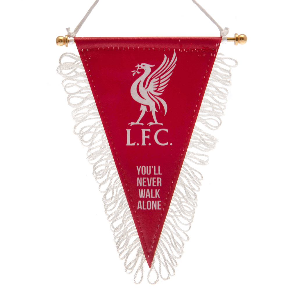 Liverpool satin look triangular mini pennant with the Liverbird crest and You'll Never Walk Alone on red