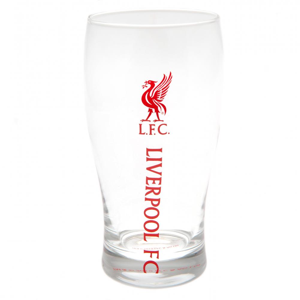 Liverpool FC tulip style pint glass with red Liverpool FC text and a Liverbird club crest