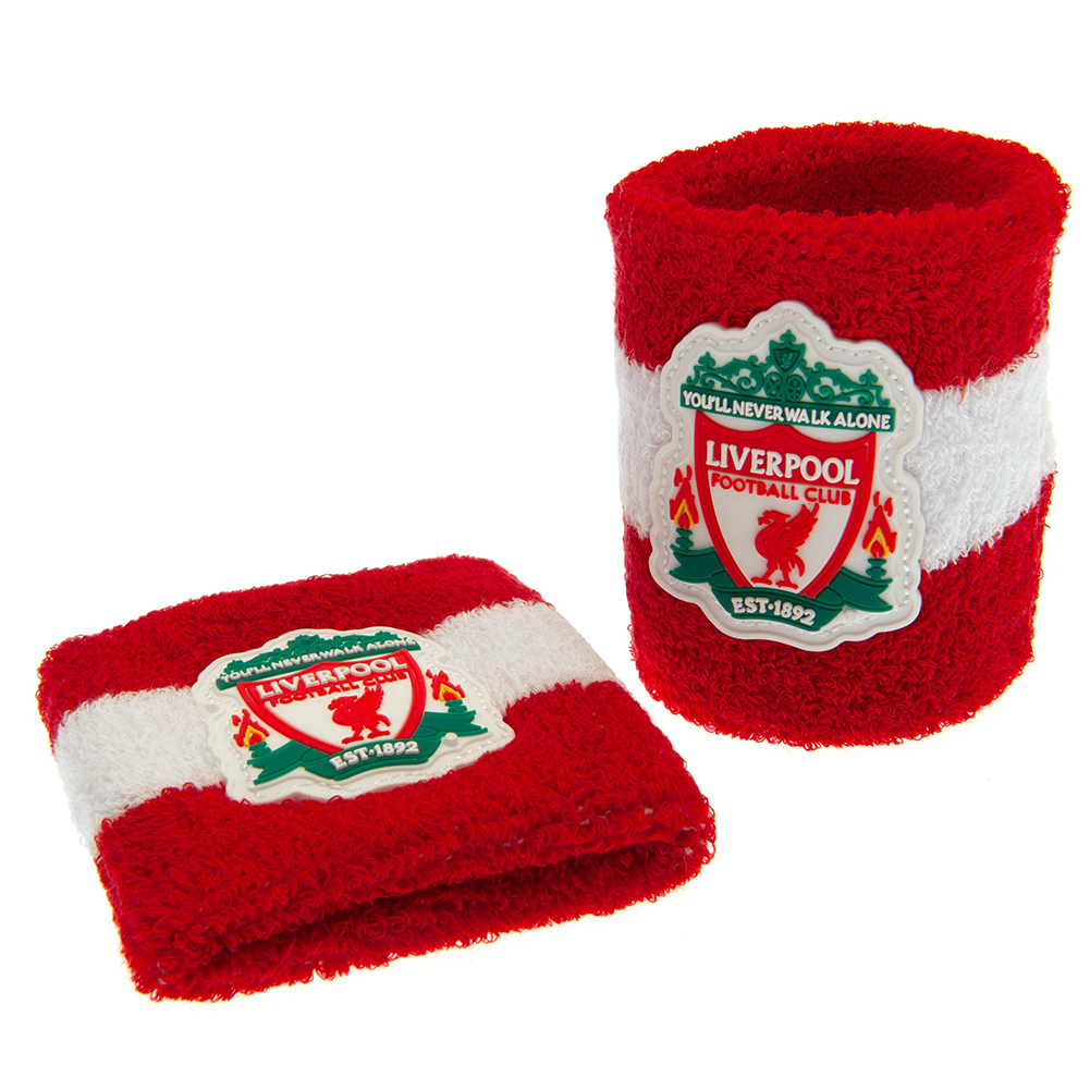 Pair of red and white Liverpool FC cotton wristbands featuring the club crest
