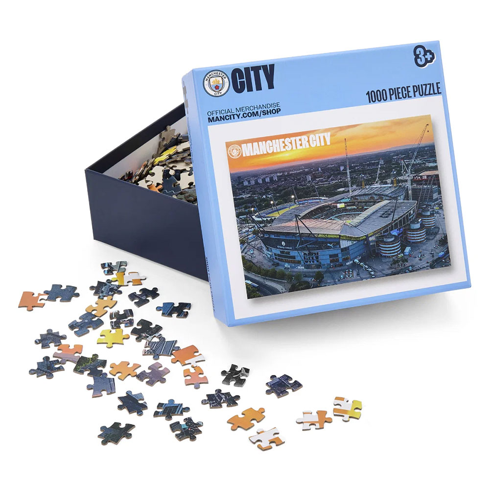 Manchester City FC 1000 piece jigsaw puzzle showing a picture of the Etihad Stadium in a presentation box
