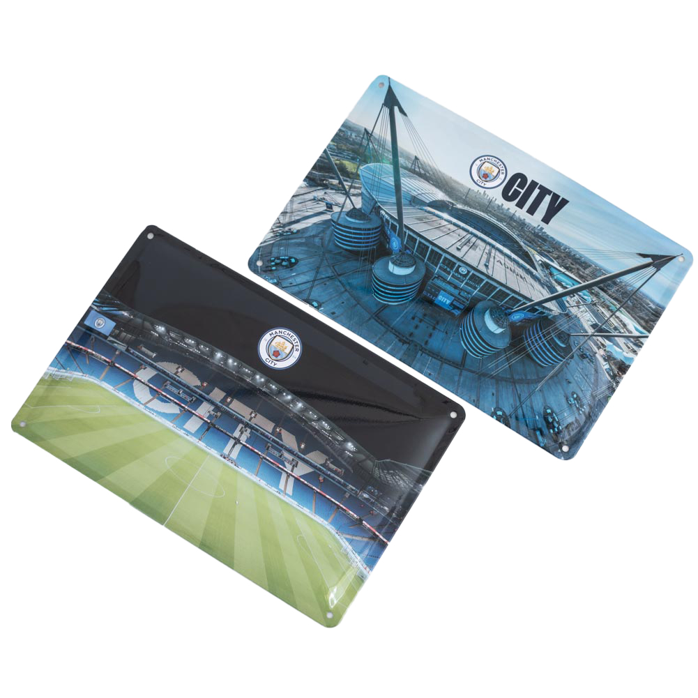 Pair of Manchester City FC metal stadium photo signs each with a full colour Man City crest