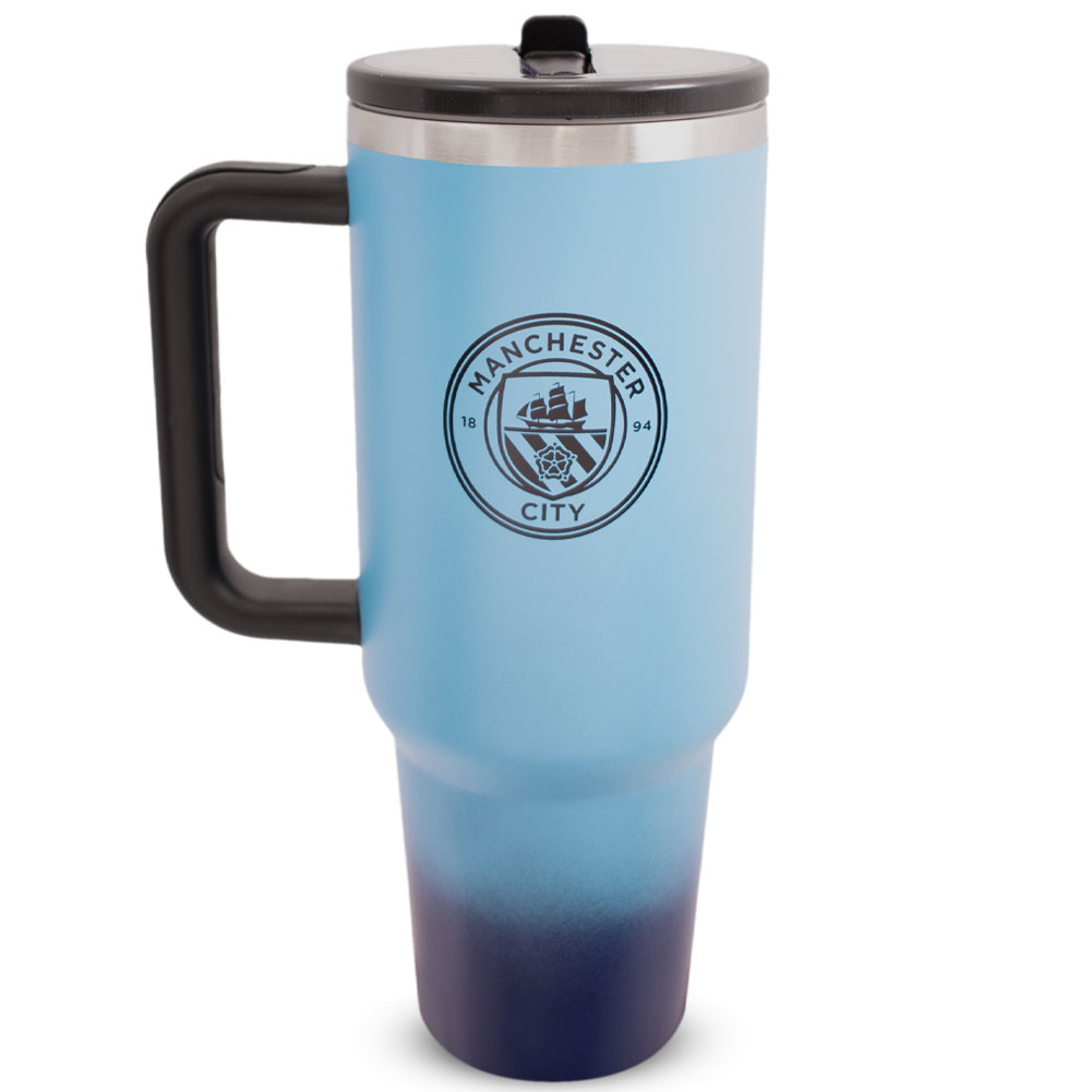 Sky blue Manchester City FC 40oz thermal tumbler with soft grip handle and drinking spout