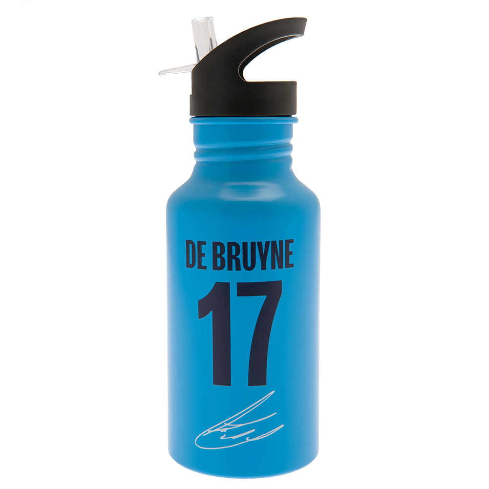 Manchester City FC matt blue 500ml aluminium bottle with a white crest and Kevin De Bruyne signature