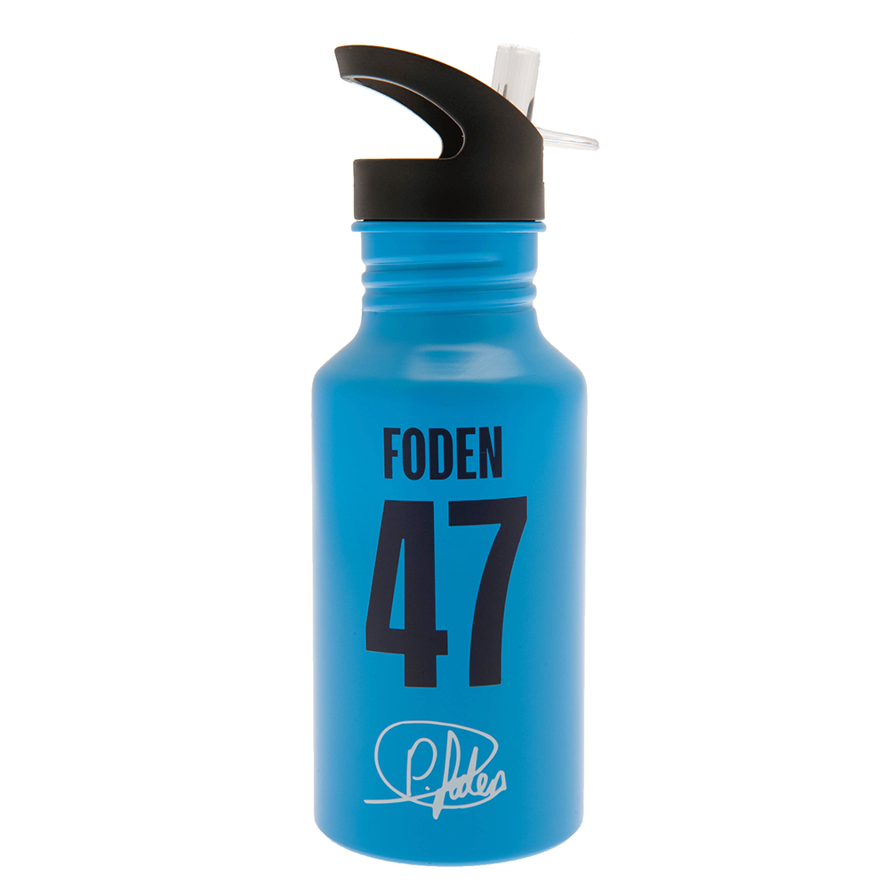 Manchester City FC matt blue 500ml aluminium bottle with a white crest and Phil Foden signature