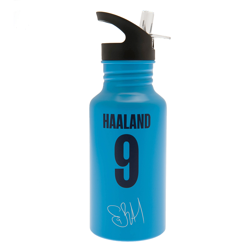 Manchester City FC matt blue 500ml aluminium bottle with a white crest and Erling Haaland signature