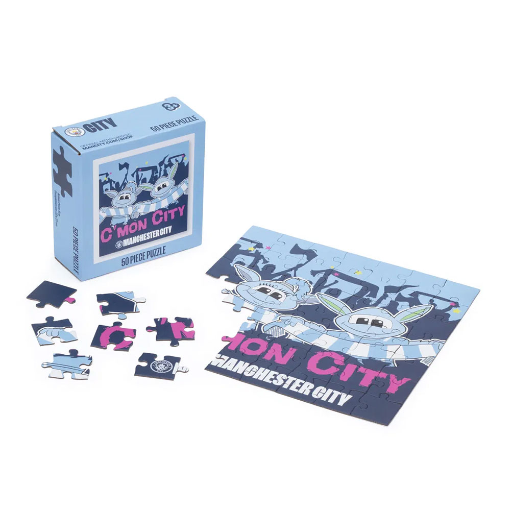 Manchester City FC 50-piece junior jigsaw puzzle showing the City mascots Moonchester and Moonbeam
