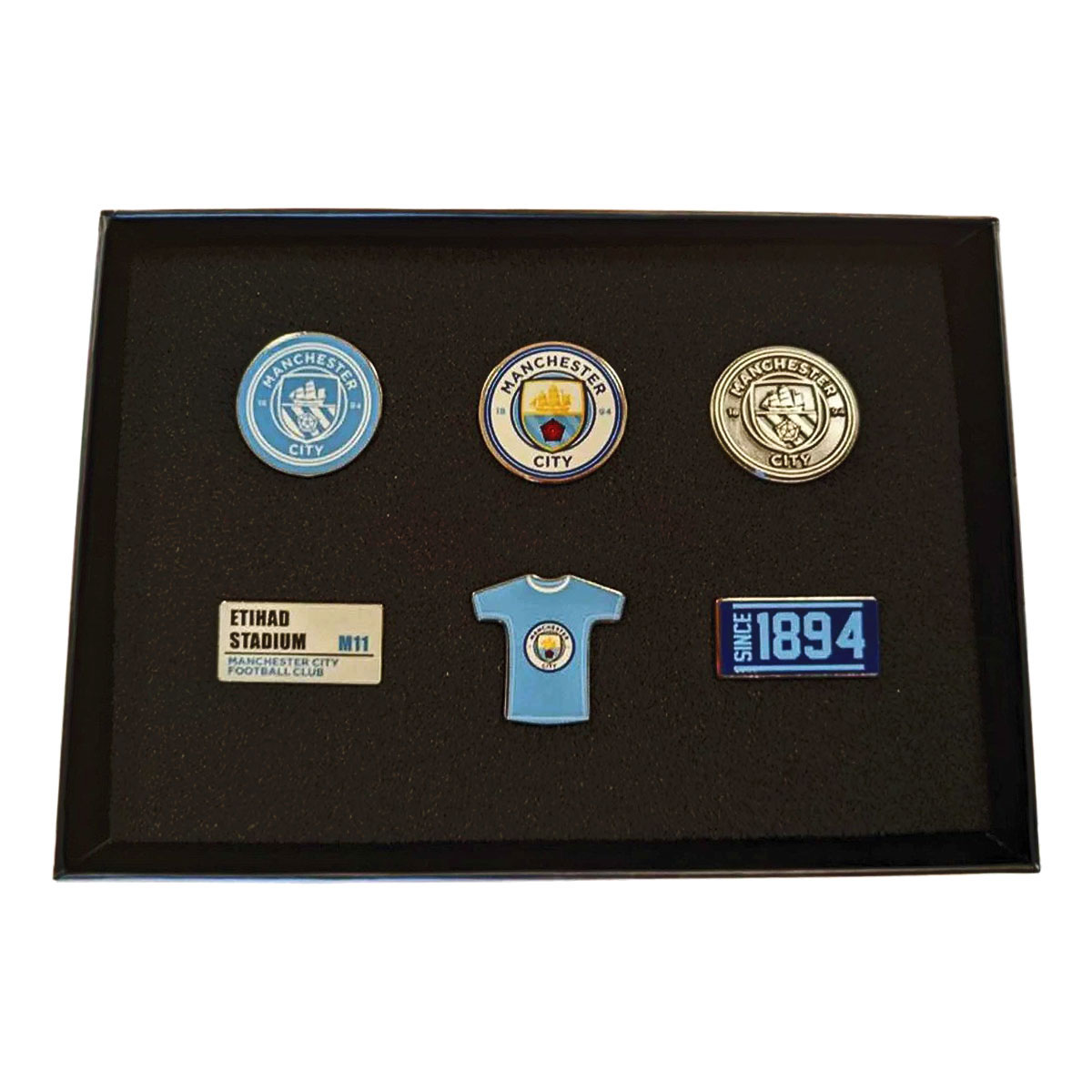 Manchester City FC set of six different metal pin badges with full colour infill