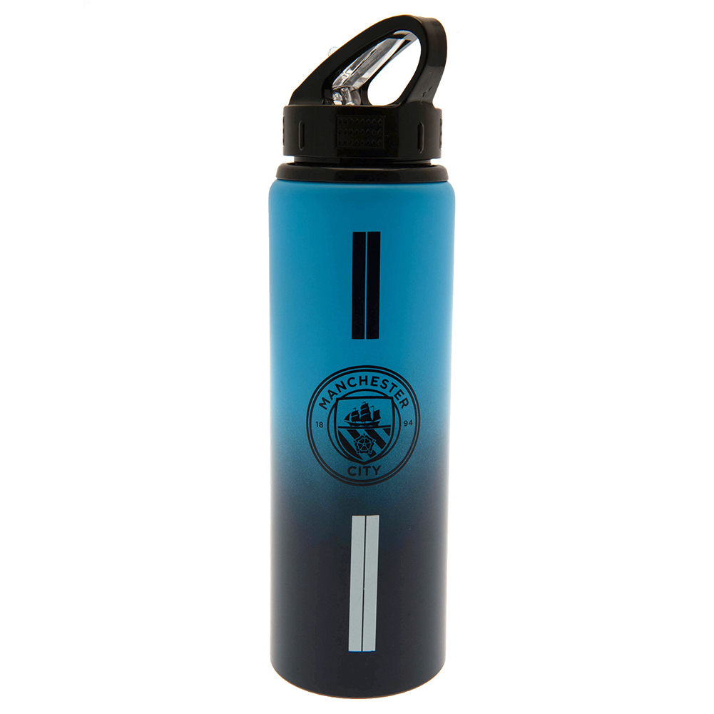 Manchester City FC 750ml aluminium drinks bottle with a vibrant stripe design and the crest and text in navy