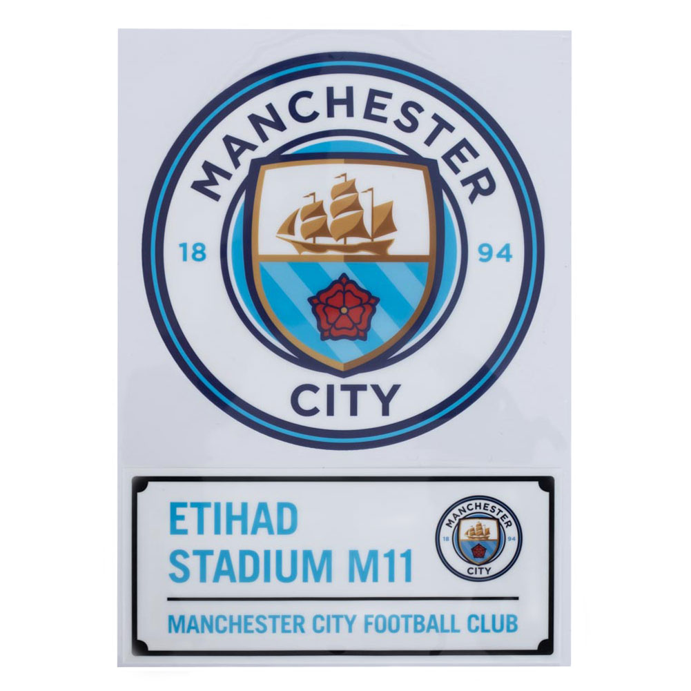 Two full colour Manchester City FC A4 car decals with a gloss digital print finish