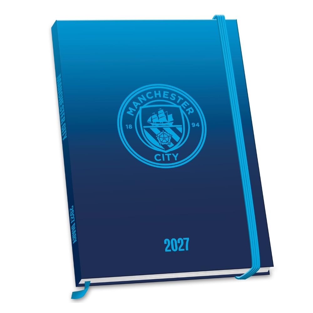 Manchester City FC blue hardback A5 2027 diary with a blue City crest and elastic closure