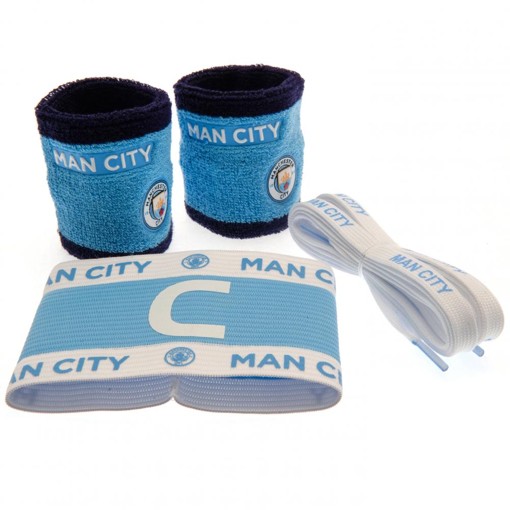 Manchester City FC accessories set with sky and navy wristbands, captain's armband and boot laces