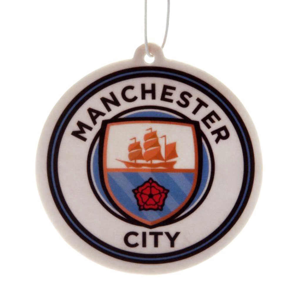 Manchester City FC crest shaped air freshener with a vibrant full colour City crest on both sides