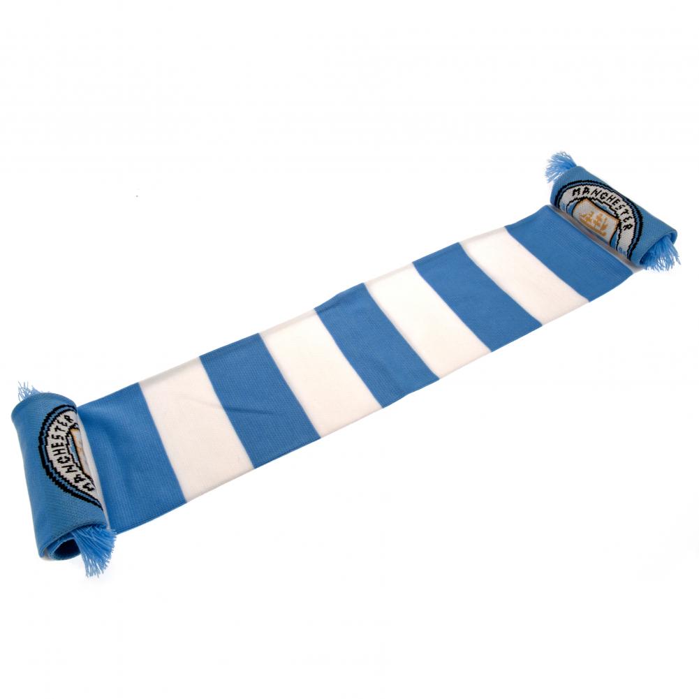 Manchester City FC sky blue and white bar stripe jacquard knit scarf with sky blue fringe and crest