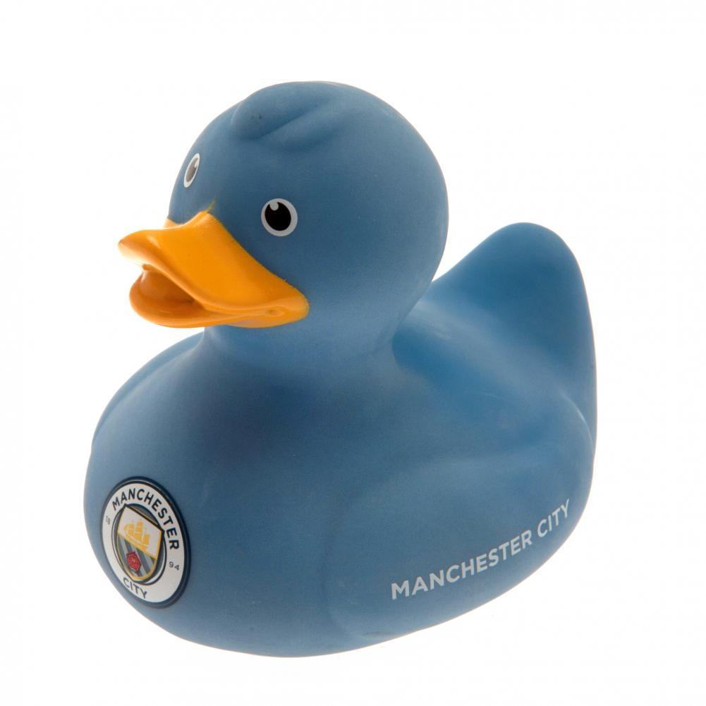 Pale blue Manchester City FC bath time rubber duck with a yellow beak, white text and a full colour crest