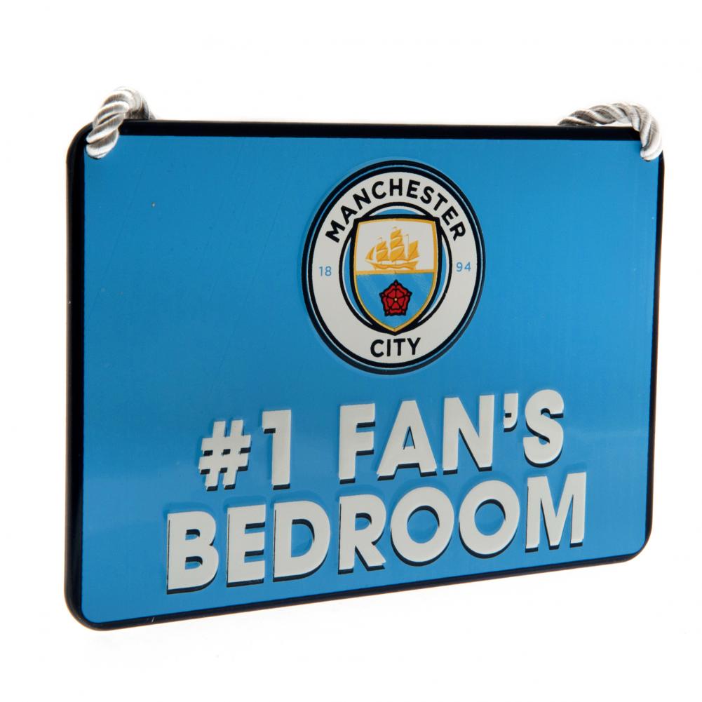 Manchester City FC metal hanging bedroom sign with a large club crest and #1 Fan's Bedroom text