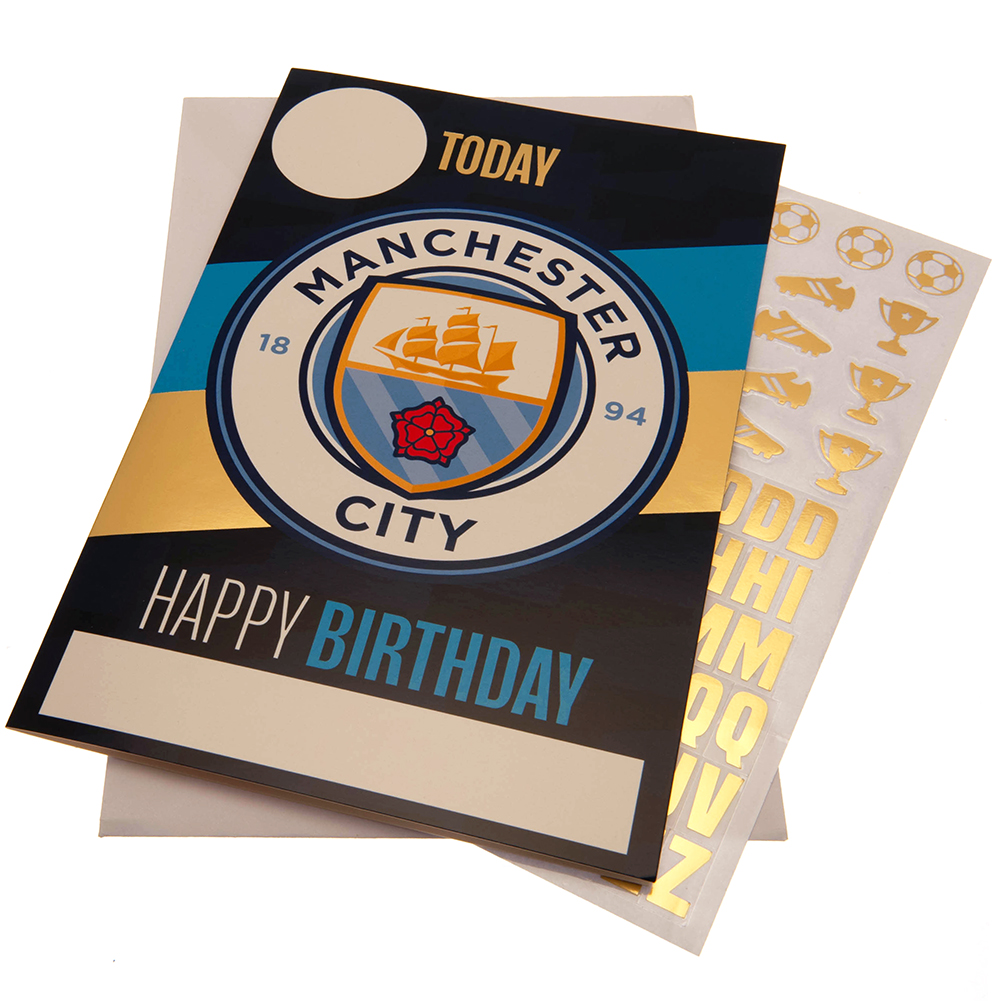 Manchester City FC vibrant blue gloss birthday card with gold stickers and a space for name and age