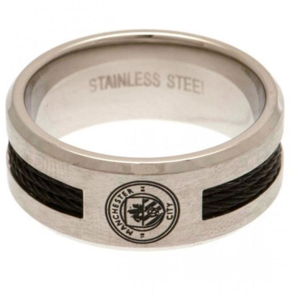 Manchester City FC stainless steel ring with a black rope insert, brushed satin finish and engraved City crest