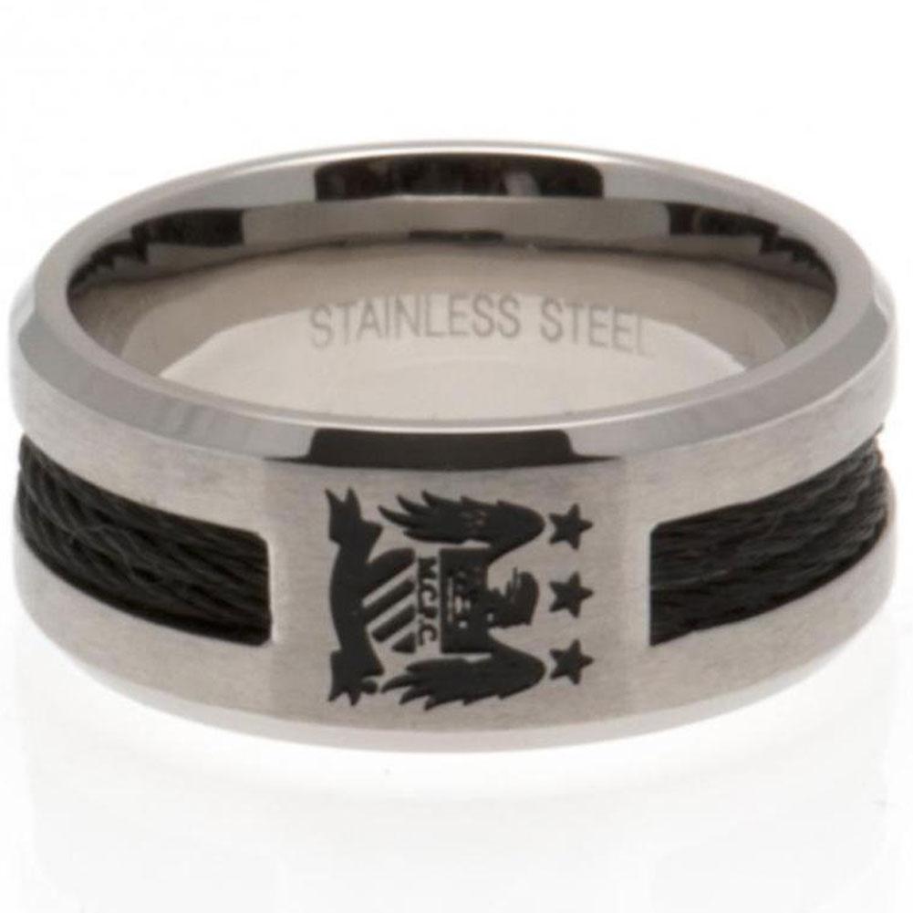 Manchester City FC large size X stainless steel ring with black rope insert, retro Man City crest