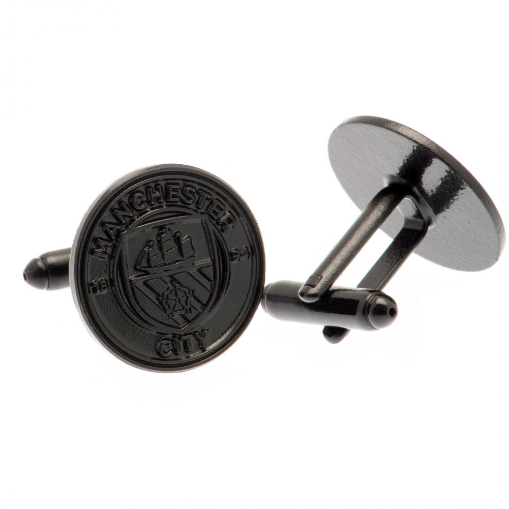 Pair of Manchester City FC black ion plated crest shaped cufflinks with a detailed formed City crest