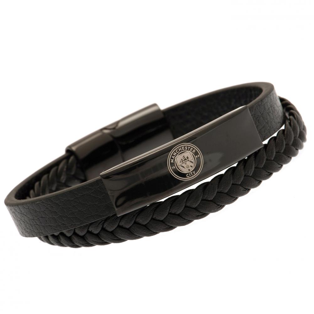 Manchester City FC twin genuine leather bracelet with a black IP crest plate and engraved City logo