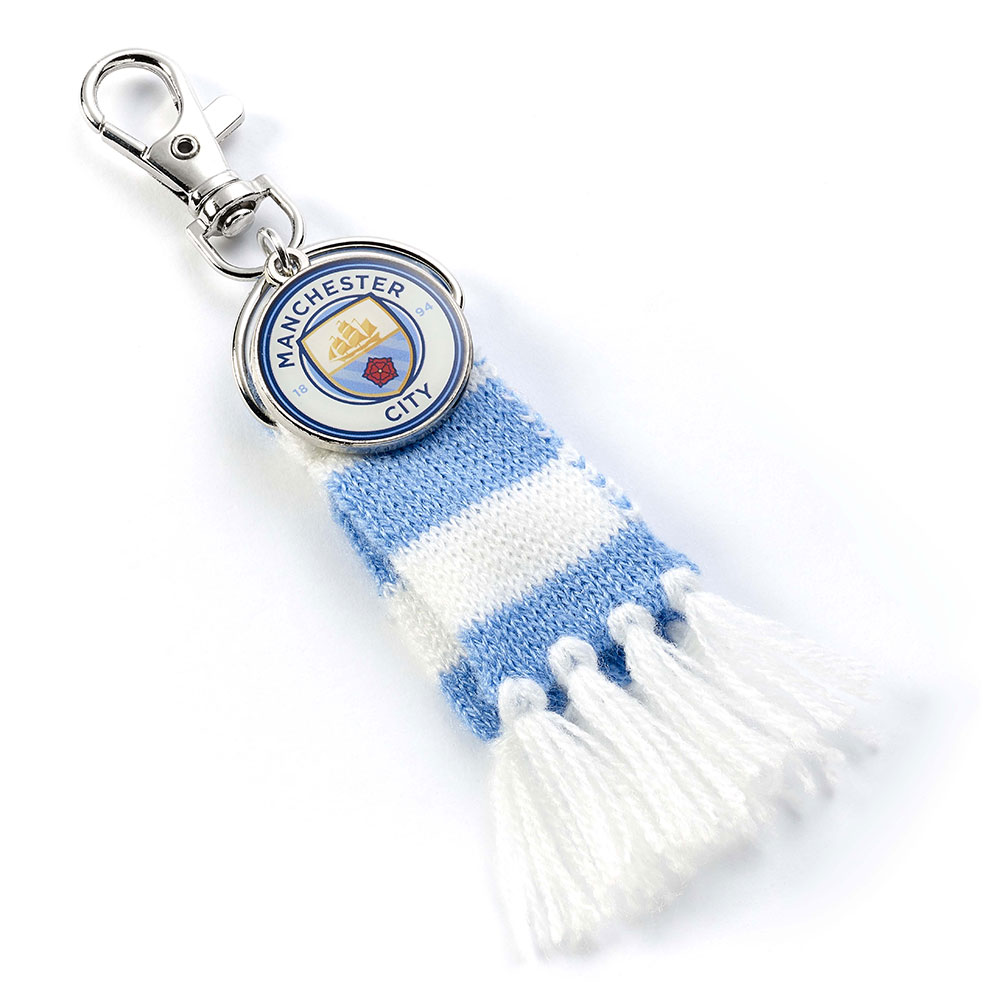 Manchester City blue and white bar scarf bag charm with full colour City crest charm and lobster claw clasp