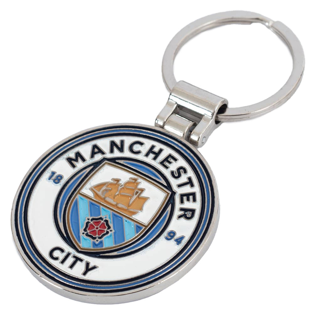Manchester City FC crest shaped metal keyring with full colour enamel infill and a split ring
