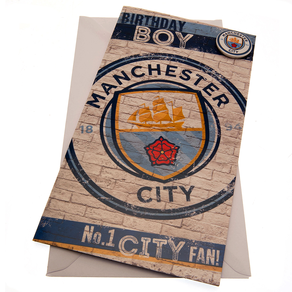 Manchester City FC gloss birthday card with a large City crest on a brick design background and a badge