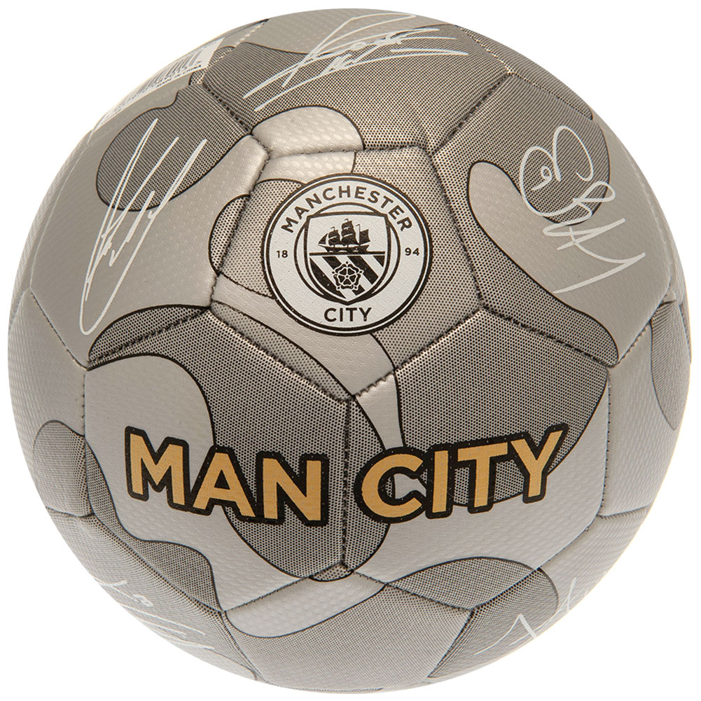 Manchester City FC silver metallic Size 5 football with the City crest and white player signature prints