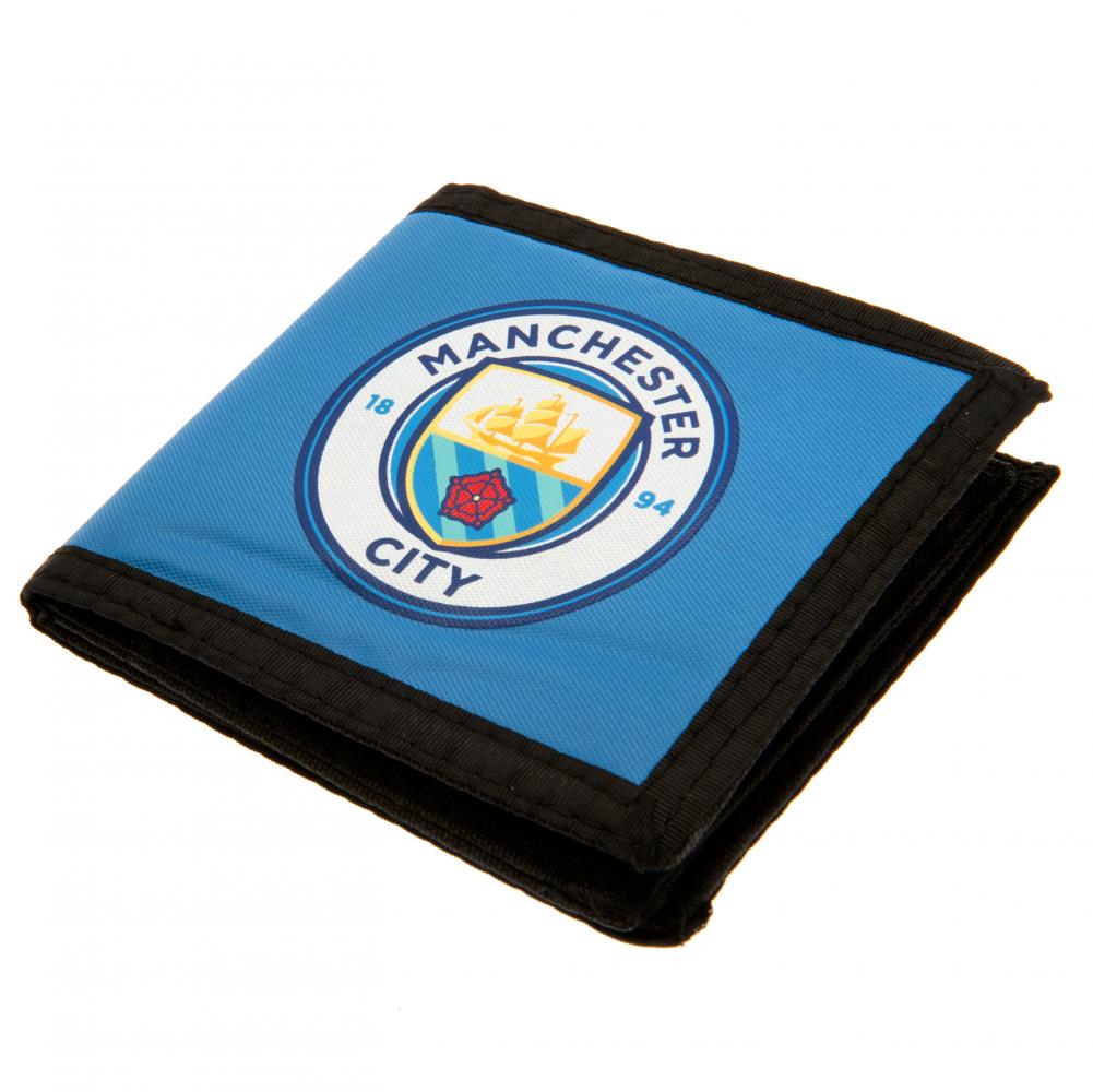 Sky blue Manchester City FC canvas wallet with black trim and a full colour Man City crest