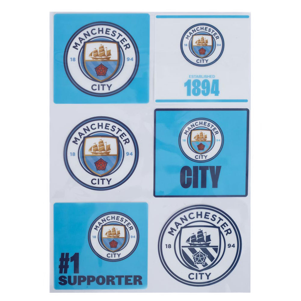 Manchester City FC set of six assorted decals on an A4 sheet with a gloss digital print finish