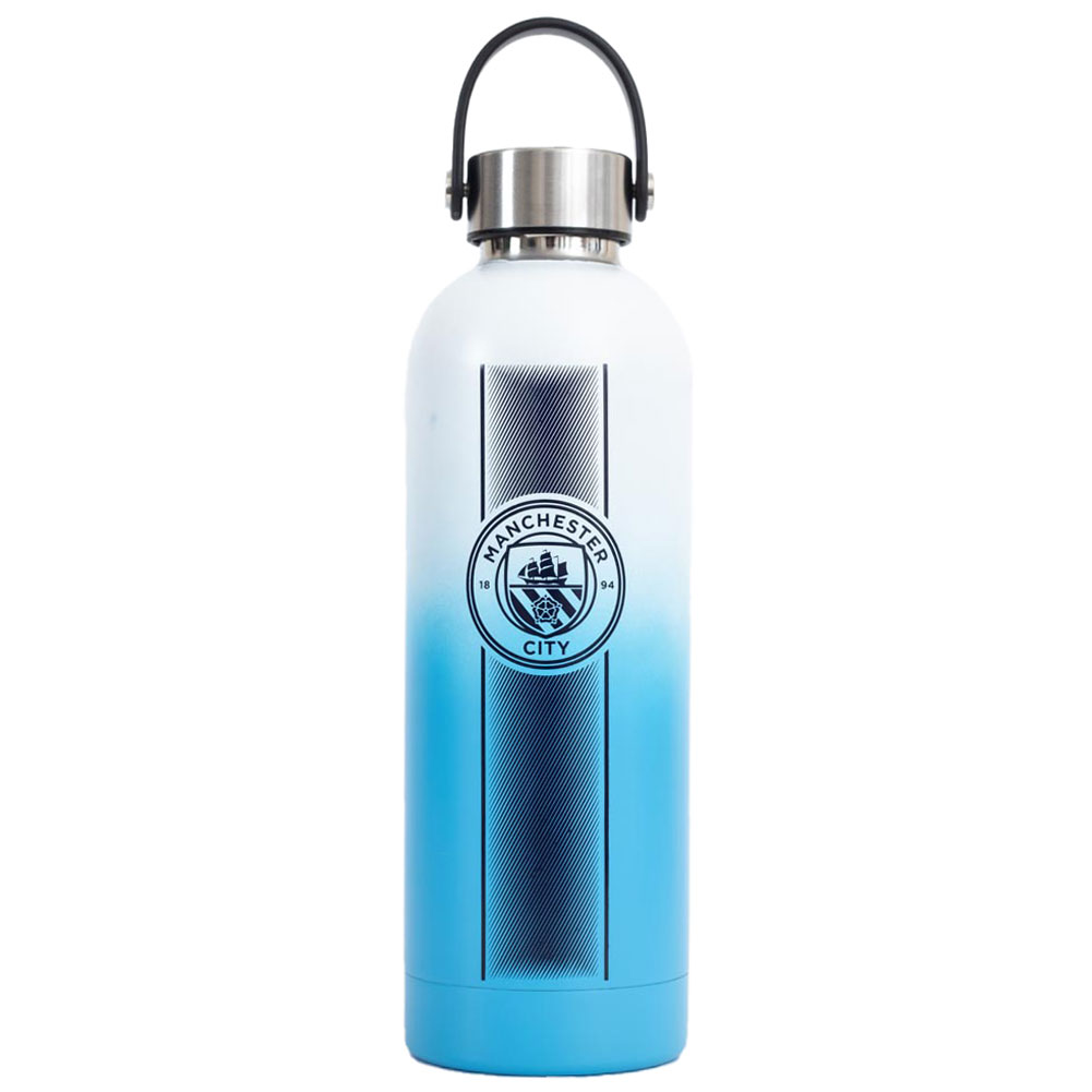 Manchester City FC blue stainless steel thermal vacuum flask with a Man City crest and text and a silver lid