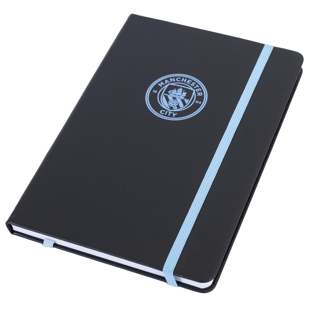 Manchester City FC hardback notebook with black faux leather and a sky blue embossed Man City crest