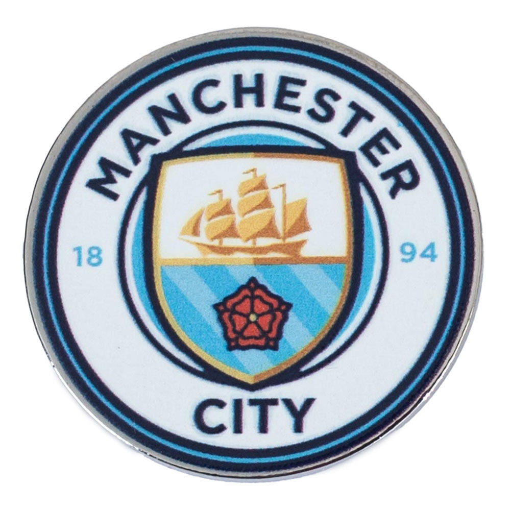 Manchester City FC crest shaped metal pin badge with high gloss enamel design in a display box