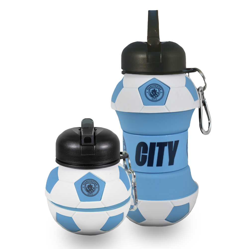 Manchester City FC collapsible football shaped drinks bottle with a navy City crest and text and a carabiner clip