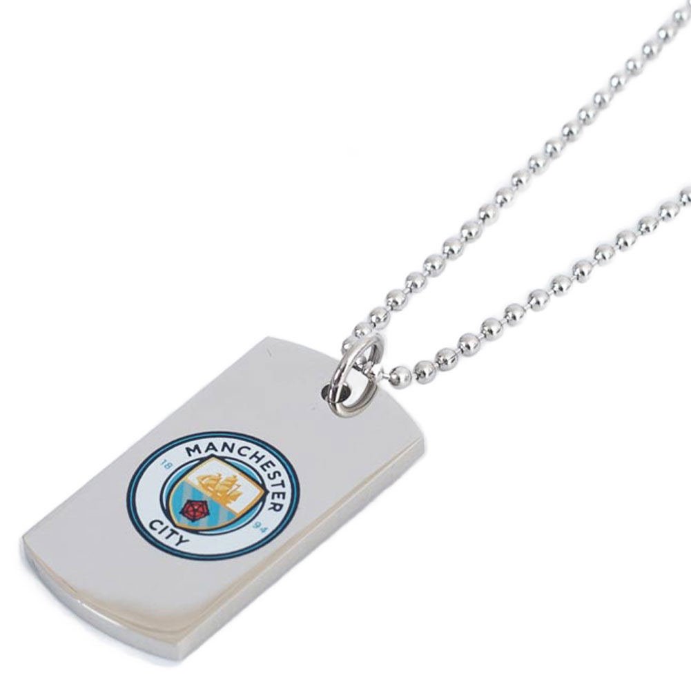 Manchester City FC stainless steel dog tag with a colour print crest on a chrome finish and a ball chain