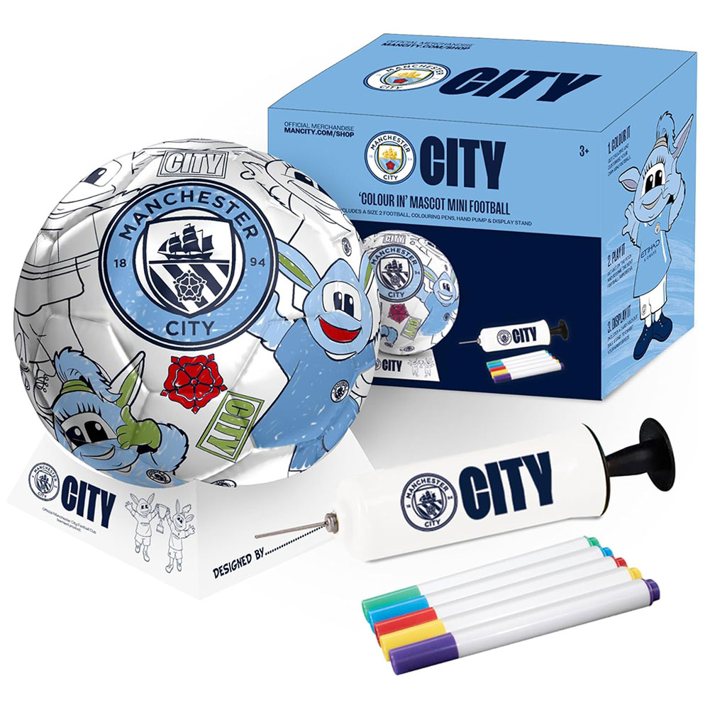 Manchester City FC colour in mini football set with City crest and mascot, pens, pump and stand