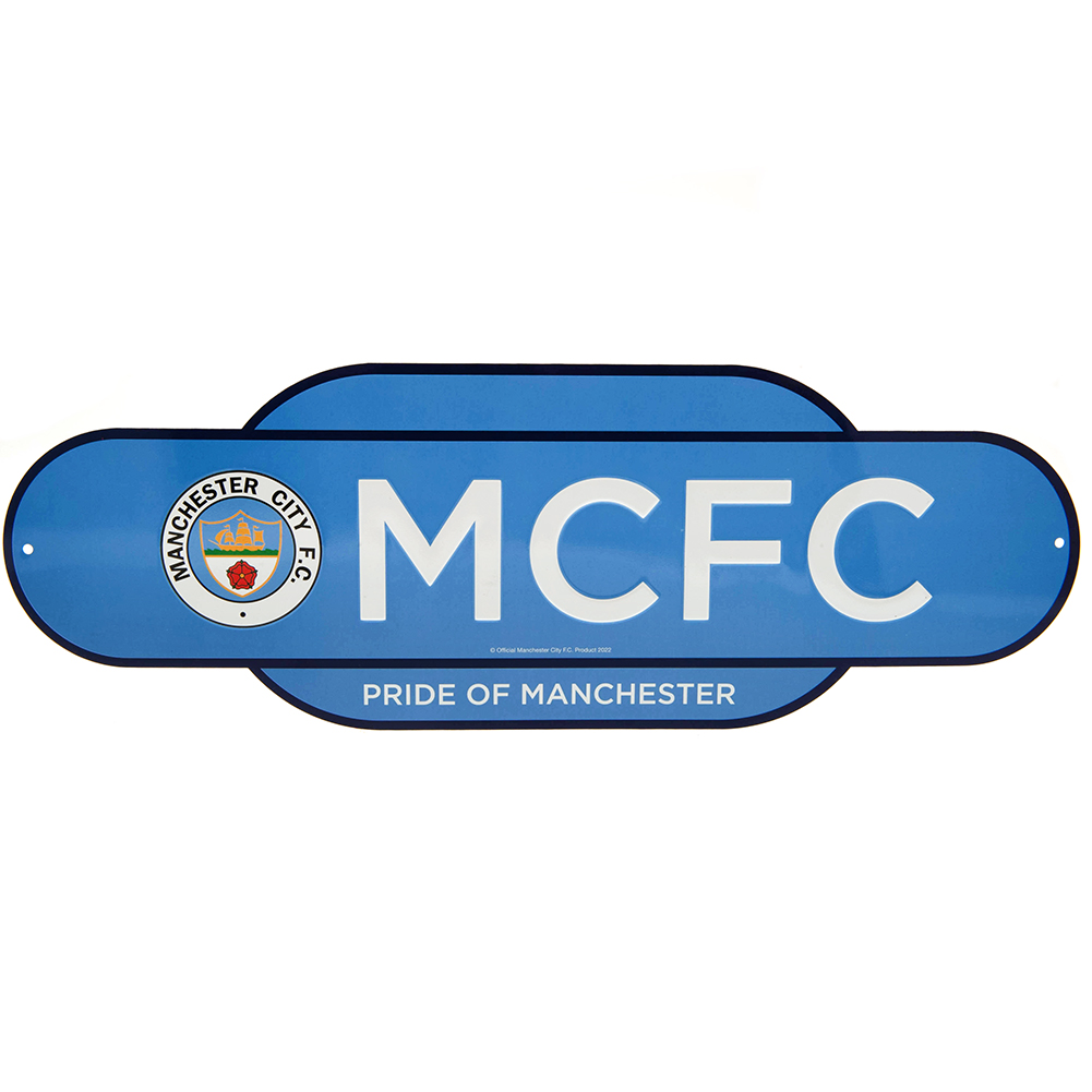 Manchester City FC colour metal hanging sign with a retro City crest and Pride Of Manchester text