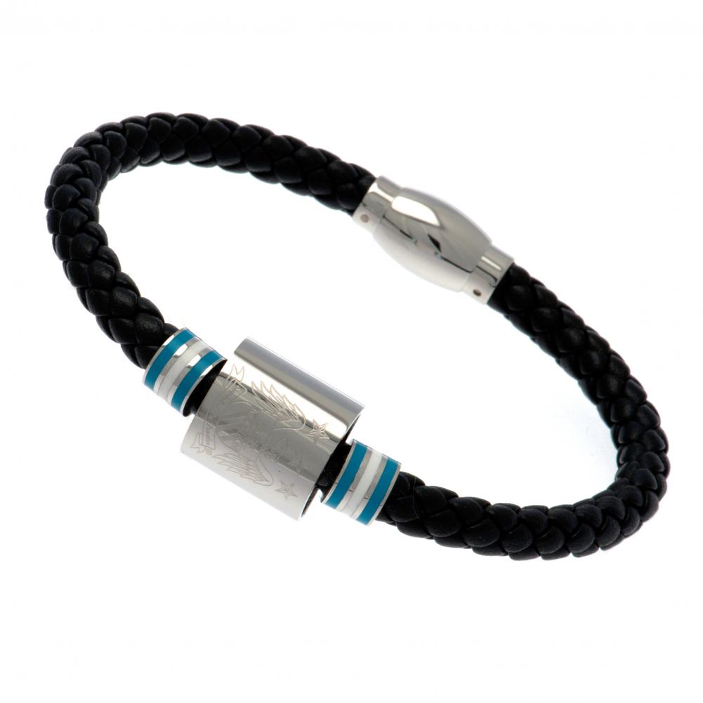Manchester City FC black genuine leather rope bracelet with steel colour rings and an engraved club crest