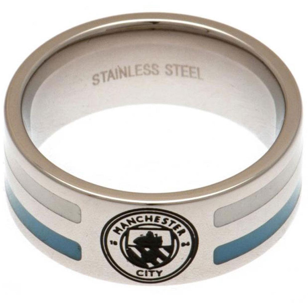 Manchester City FC stainless steel ring with sky blue and white colour inserts and engraved City crest