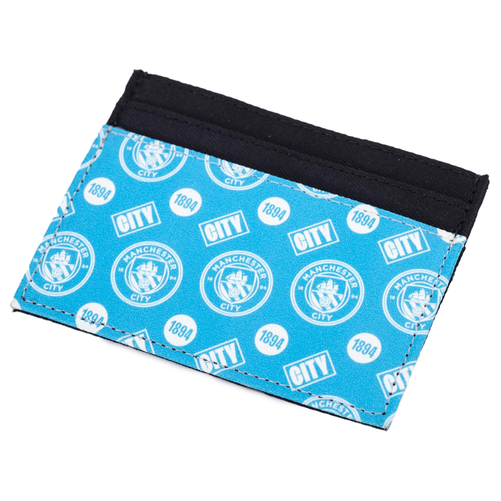Manchester City brushed canvas card holder with a colourful multi icon design and six card slots