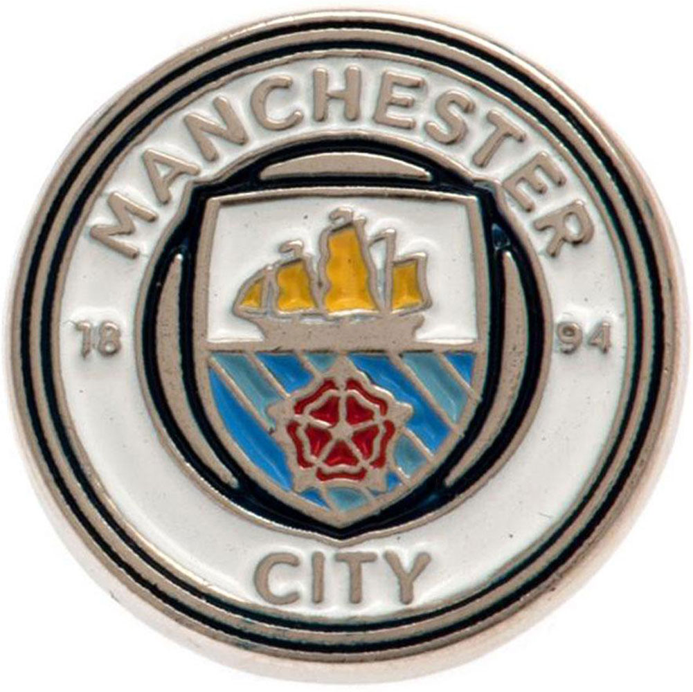 Manchester City FC crest shaped metal pin badge with full colour enamel infill and silver style finish