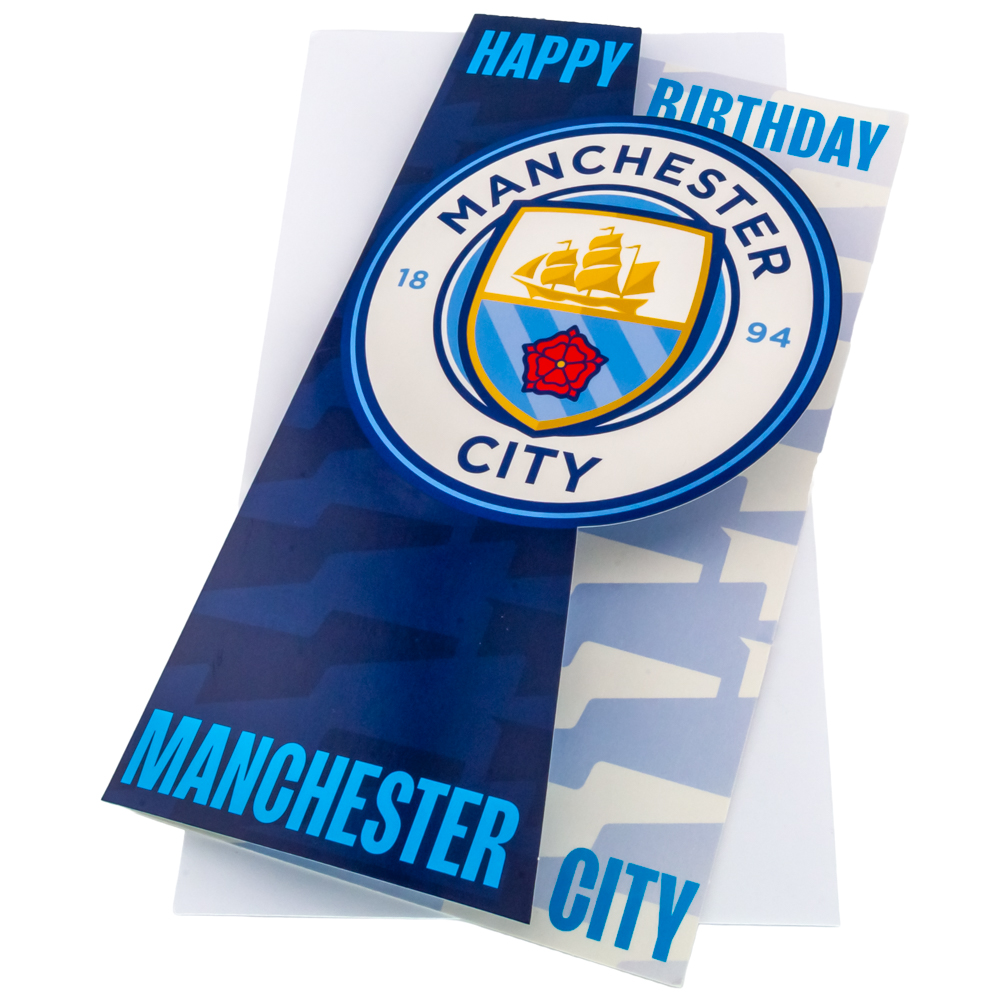 Manchester City FC fold out birthday card with a large City crest and Happy Birthday at the top