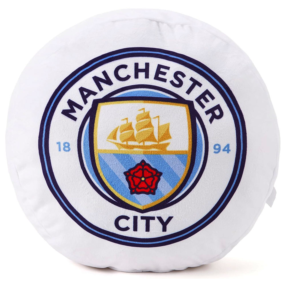 White Manchester City FC crest shaped cushion with a velvety plush feel and a swing tag