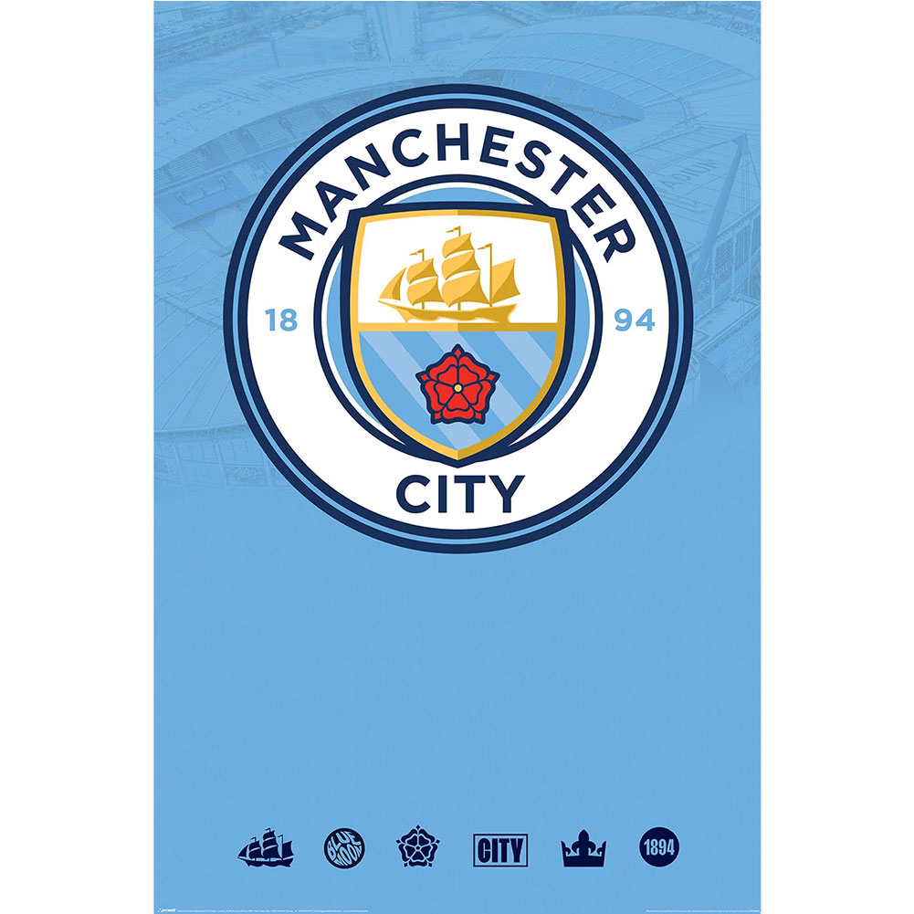 Manchester City FC maxi poster with a full colour club crest on a sky blue background