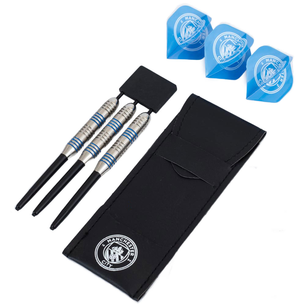Manchester City FC essential darts set with blue-detailed barrels, blue flights with a white crest and case